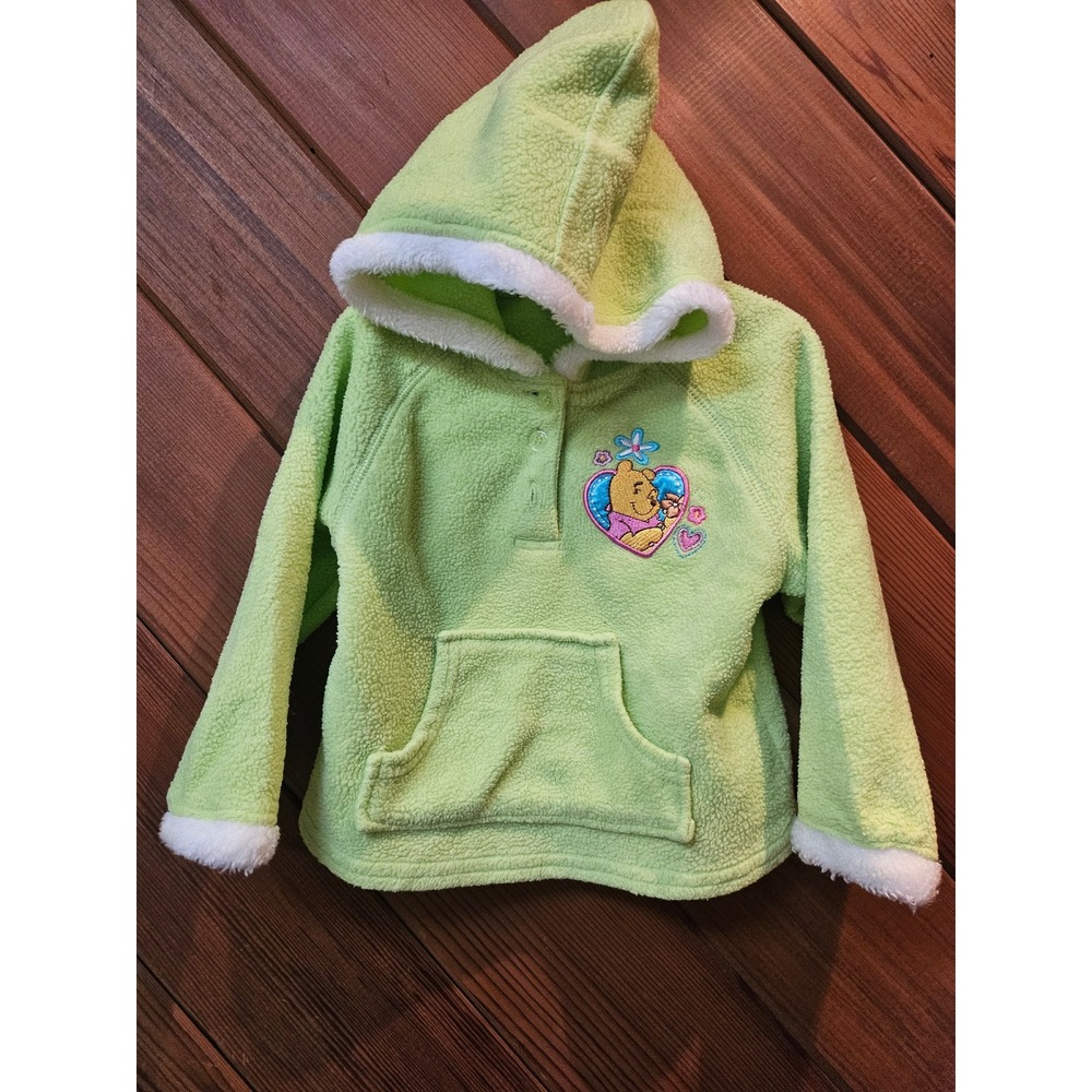 90s/ Y2K Disney Winnie the Pooh Infant Fleece Sherpa Lined Hoodie Lime Green 24M